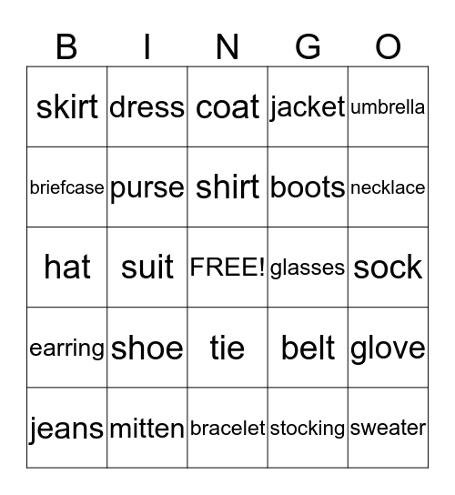 Clothing Bingo Card