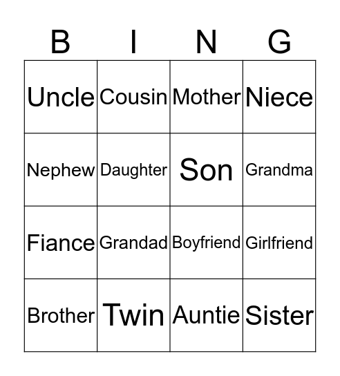 Family Vocab Bingo Card