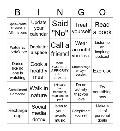 SELF CARE Bingo Card