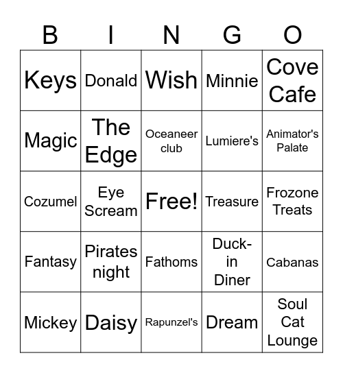 Disney Cruise Bingo Card