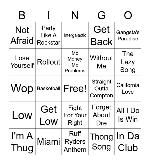 26 Hip Hop Hits Bingo Card