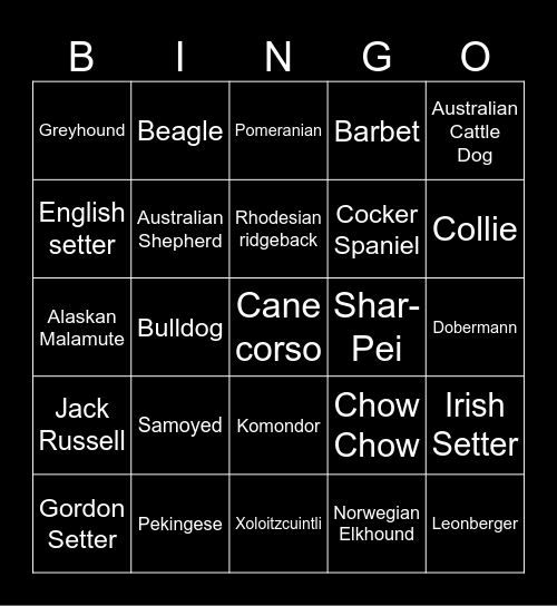 Ebe Bingo - Dog Breeds Bingo Card