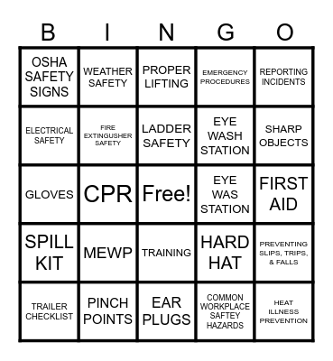 Sunbelt Safety Week Bingo Card