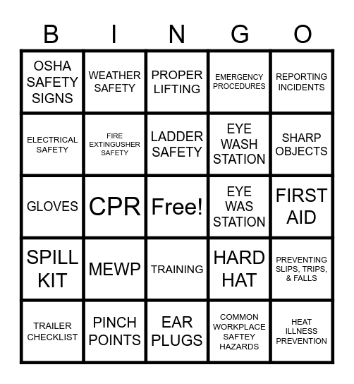 Sunbelt Safety Week Bingo Card