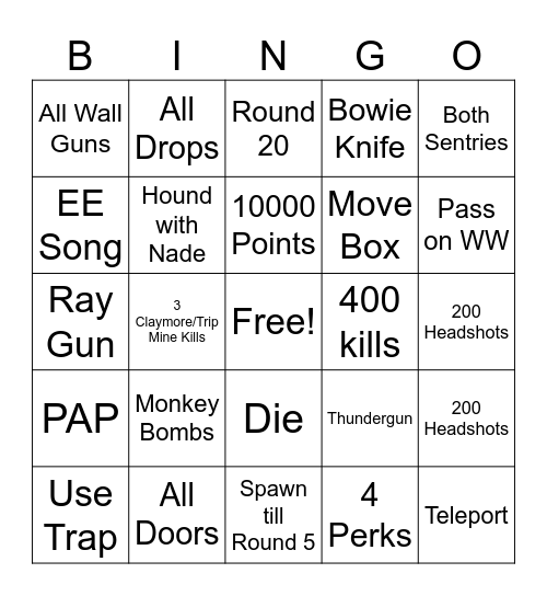 Black Ops Zombies Bingo Card