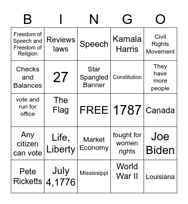 Citizenship Bingo Card