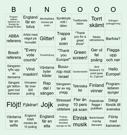 Eurovision Bingo Card