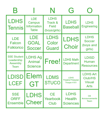 Falcon Showcase Bingo Card