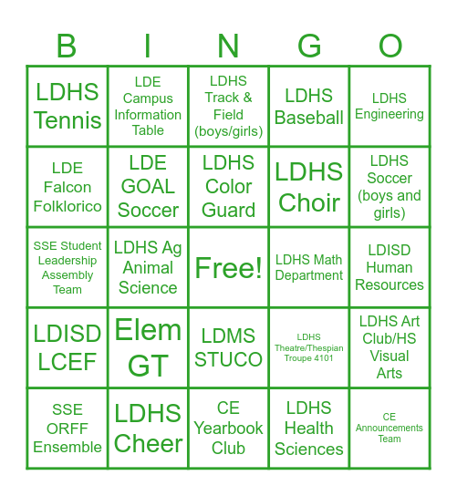 Falcon Showcase Bingo Card