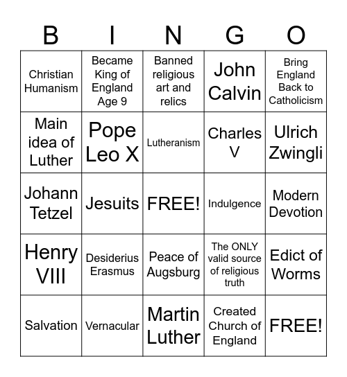 The Protestant Reformation Bingo Card