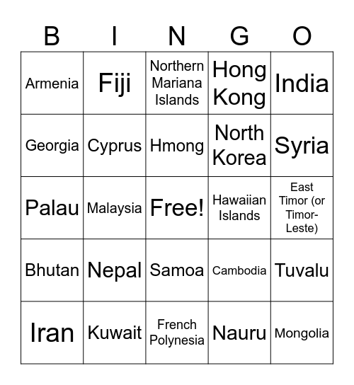 AAPI Countries 1 Bingo Card