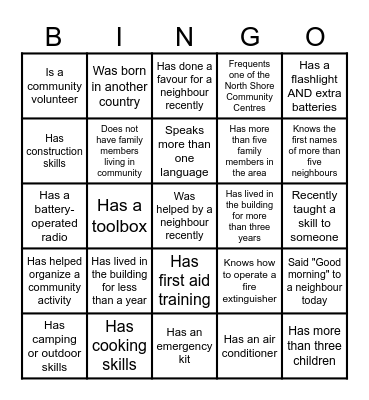 Neighbour to Neighbour Emergency Preparedness Bingo Card