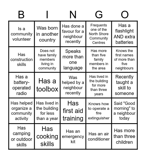 Neighbour to Neighbour Emergency Preparedness Bingo Card