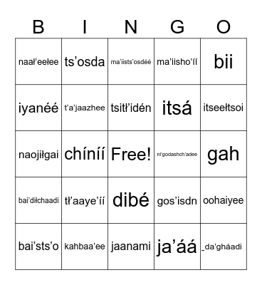 Jicarilla Animals Bingo Card