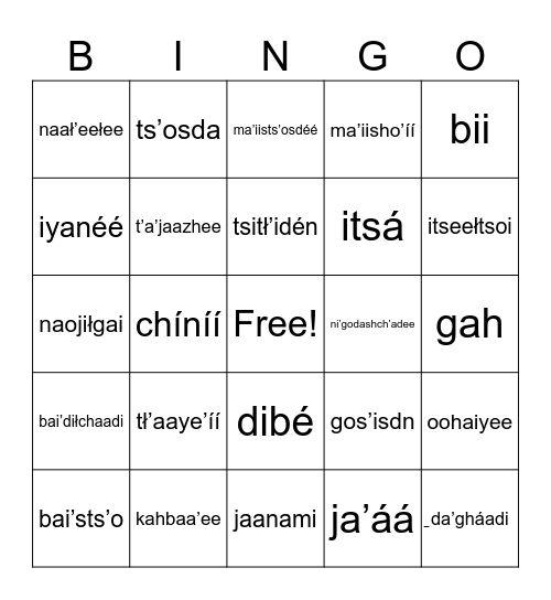 Jicarilla Animals Bingo Card