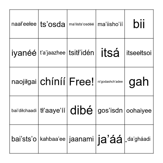 Jicarilla Animals Bingo Card