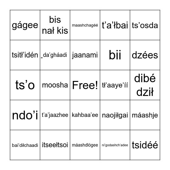 Jicarilla Animals Bingo Card