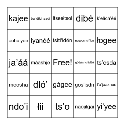 Jicarilla Animals Bingo Card