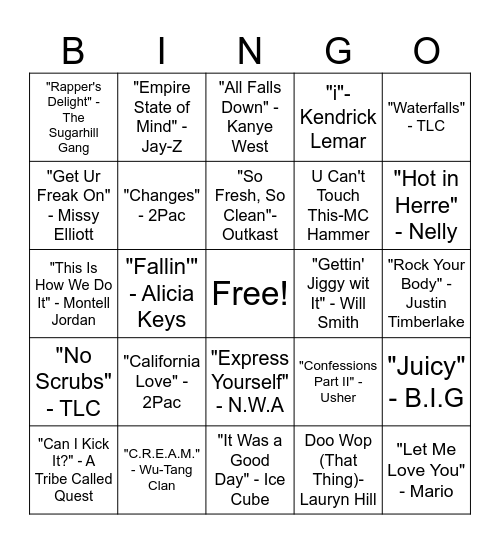 MUSIC BINGO- HIP HOP Bingo Card