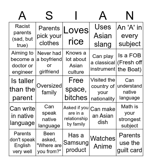 The Asian American Bingo Card