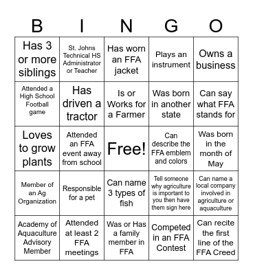 St. Johns Technical High School FFA Bingo Card