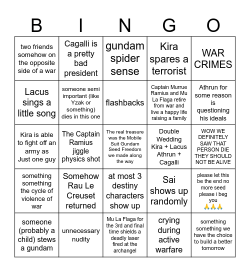 Mobile Suit Gundam Seed Freedom Bingo Card