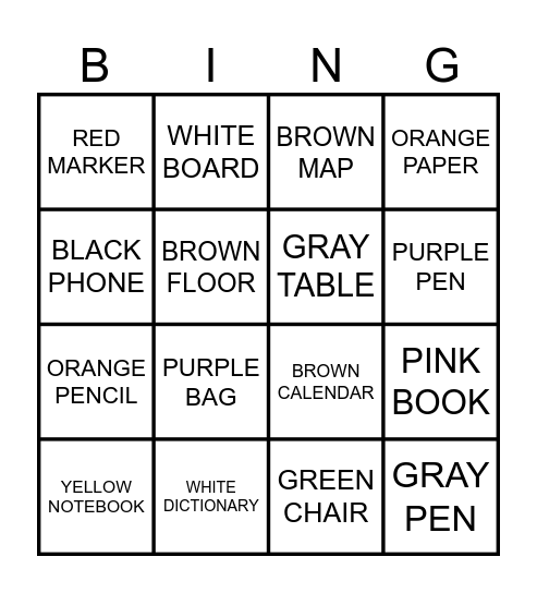 COLORED OBJECTS Bingo Card