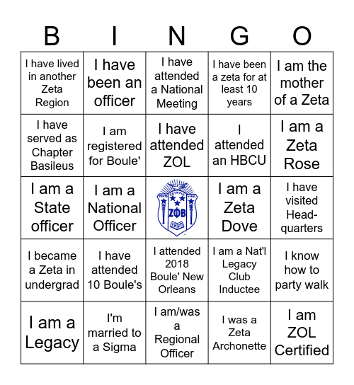 Zeta Phi Beta Sorority Bingo Card