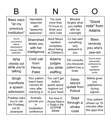 Peds Neuro Bingo Card