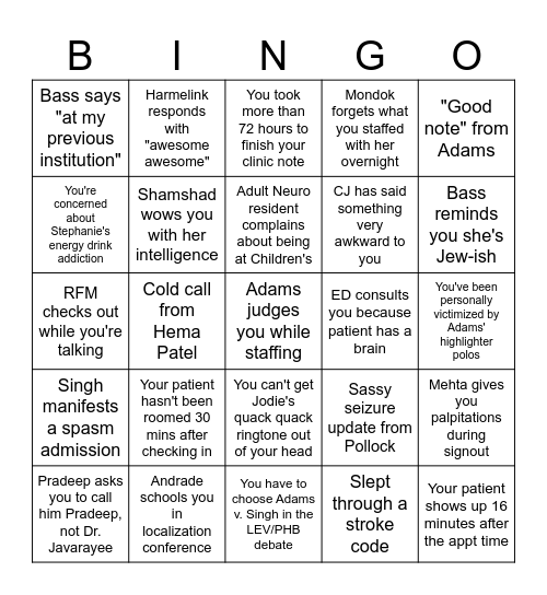 Peds Neuro Bingo Card