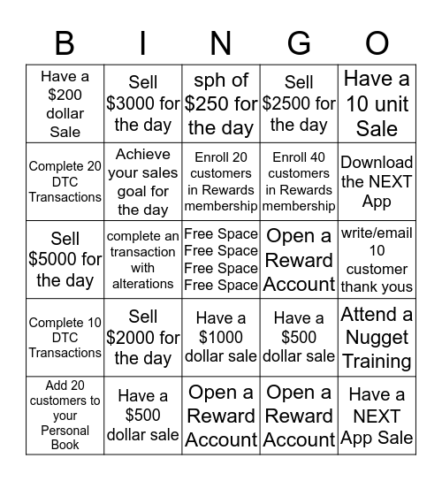 Internship Sales Bingo Card