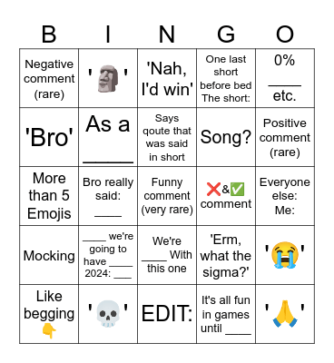YouTube Shorts comments Bingo Card