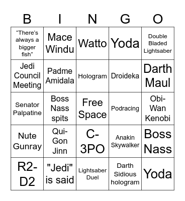 Star Wars: The Phantom Menace Bingo Card