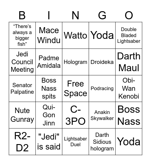Star Wars: The Phantom Menace Bingo Card