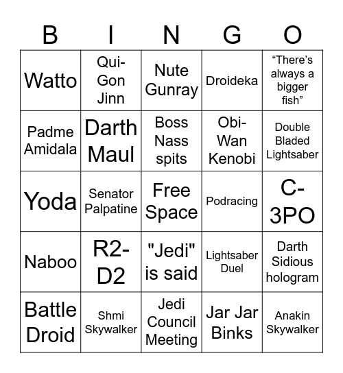 Star Wars: The Phantom Menace Bingo Card