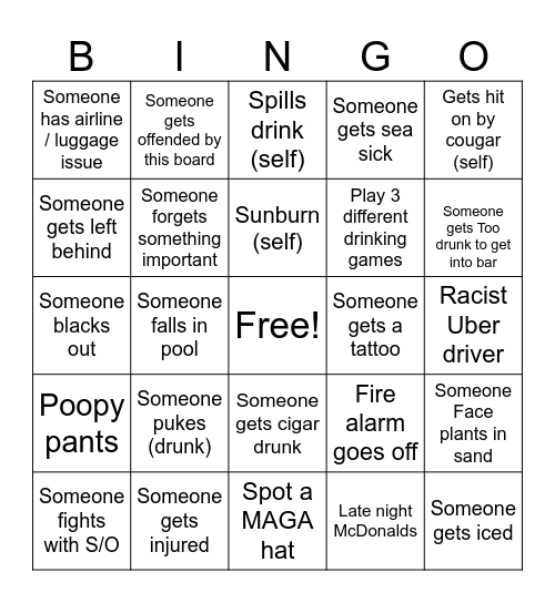 Mark’s Bachelor Party Bingo Card