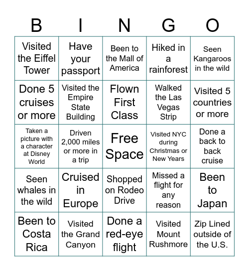 Traveler's Bingo Card