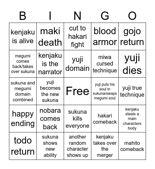 JJK chapter bingo Card