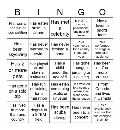 Getting to Know YOU Bingo Card