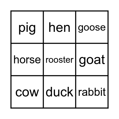 Farm Animal Bingo! Bingo Card