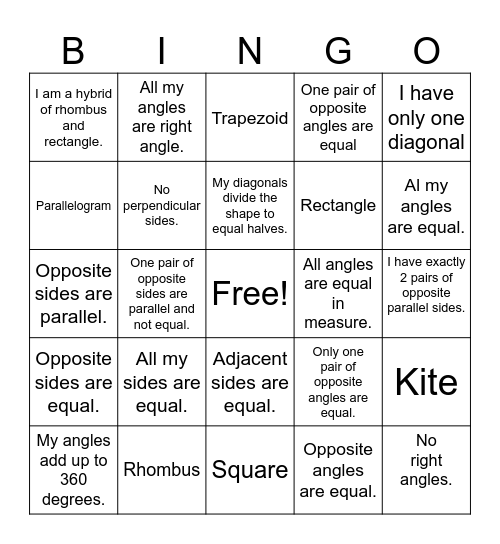 Types of Quadrilaterals Bingo Card