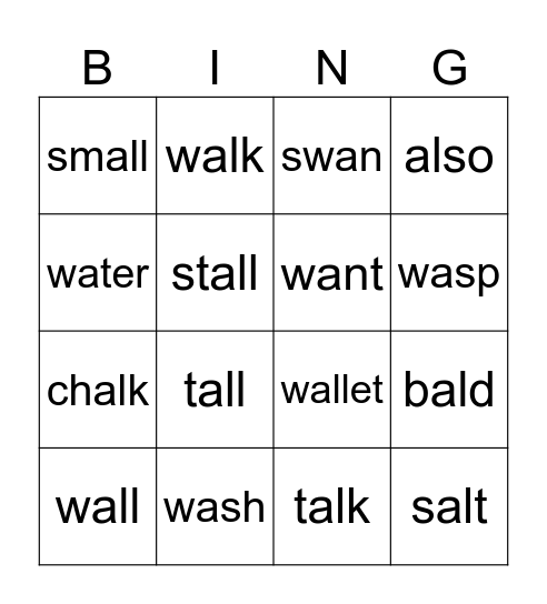 al wa words Bingo Card