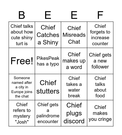 Chief Beef Bingo Card