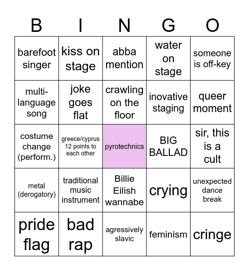 Eurovision 2024 Bingo Card