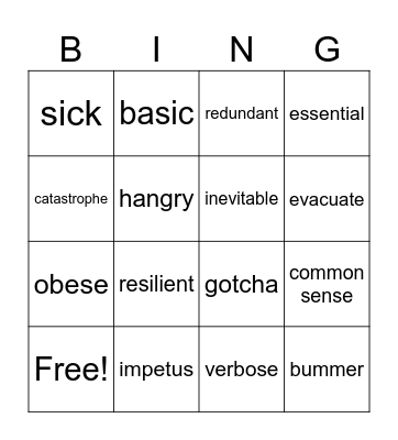 VOCABULARY BINGO Card