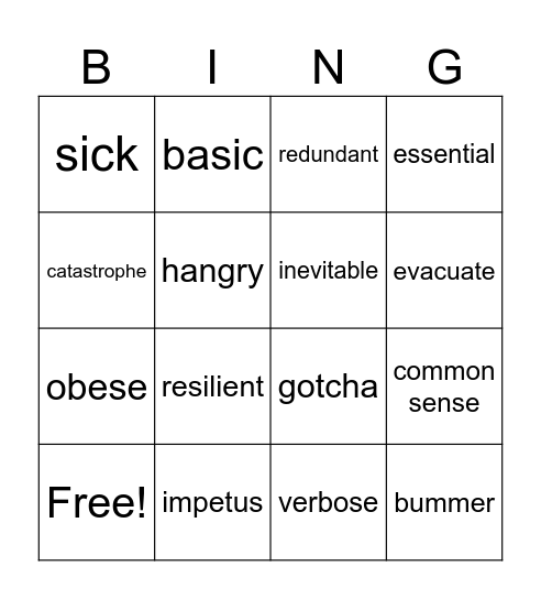 VOCABULARY BINGO Card