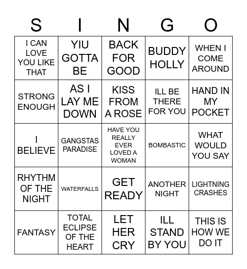 922 POP HITS 1995 Bingo Card