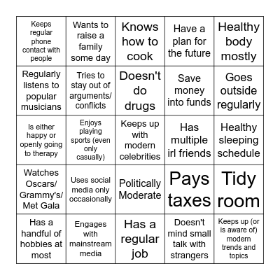 Normal Human Bingo Card