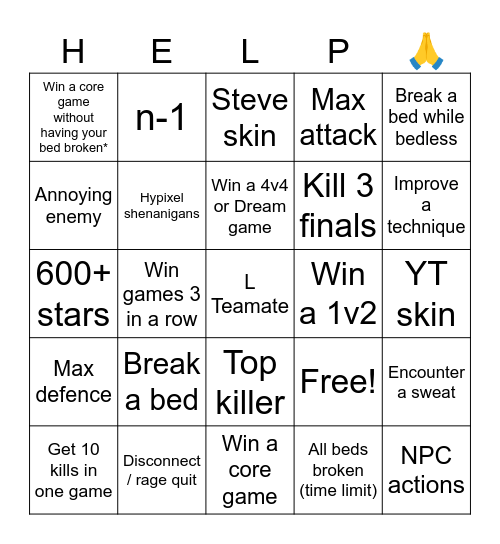 Bedwars Bingo Card