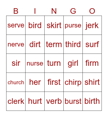 Bossy R Bingo Card